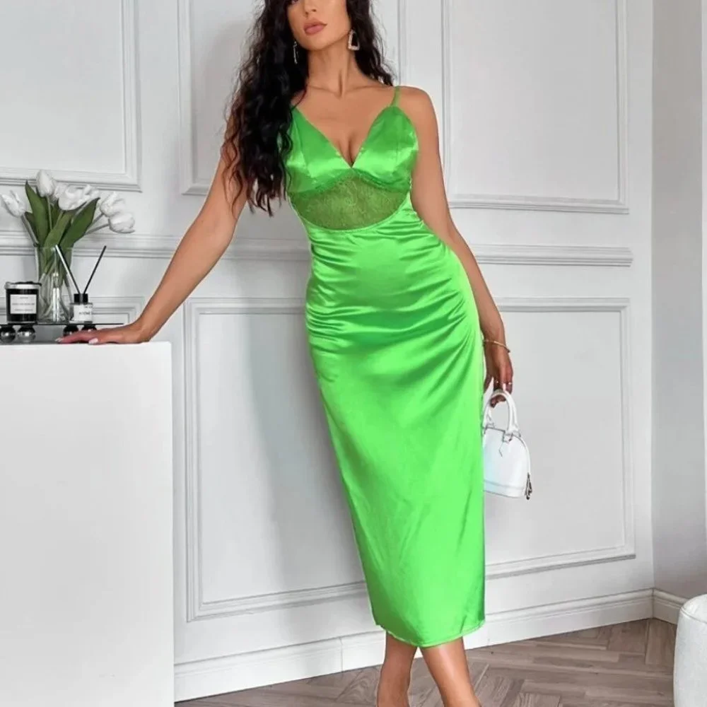 SATIN EFFECT DRESS WITH LACE NEONE GREEN SUMMER STYLES - Picture 1 of 6